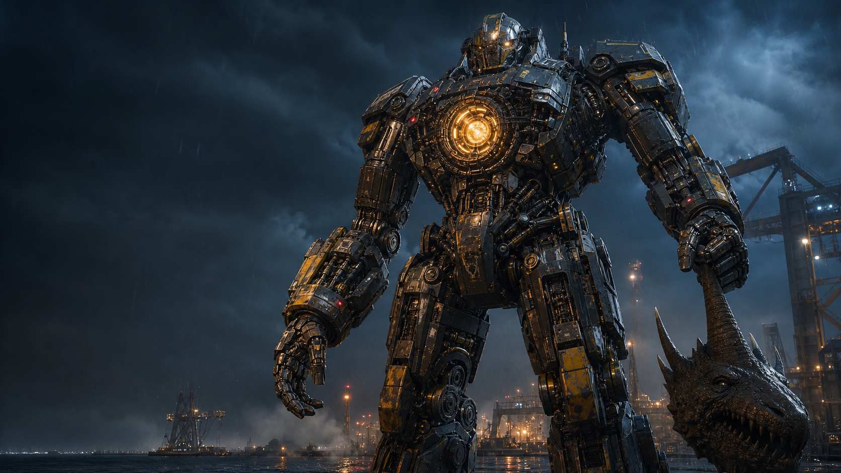 A towering mechanical guardian with exposed hydraulics and an amber reactor holding a defeated kaiju head